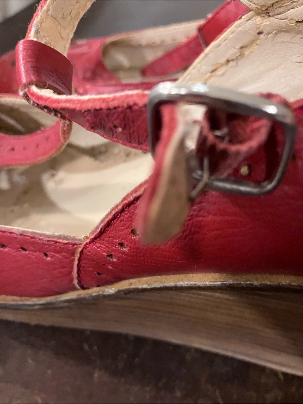 Vintage Red T-Strap Cutout Leather Pumps - Picture 6 of 9